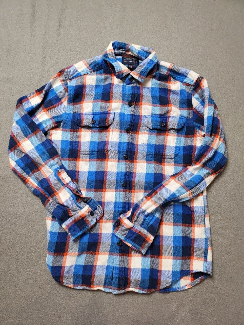 American Eagle Outfitters Men's S Flannel Shirt Blue Orange Plaid Pockets